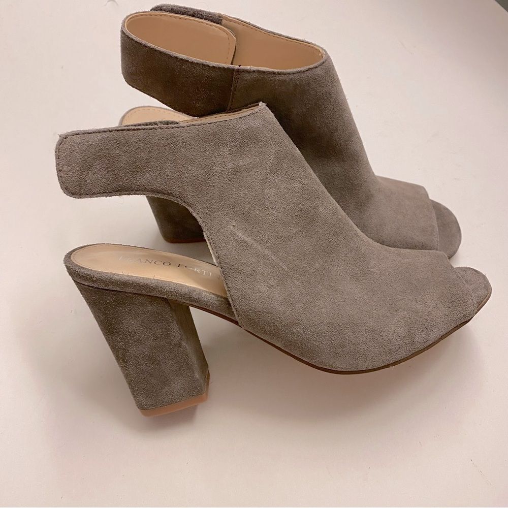 Franco Fortini brown Lisa leather suede block heel open toe pump shoes booties 9